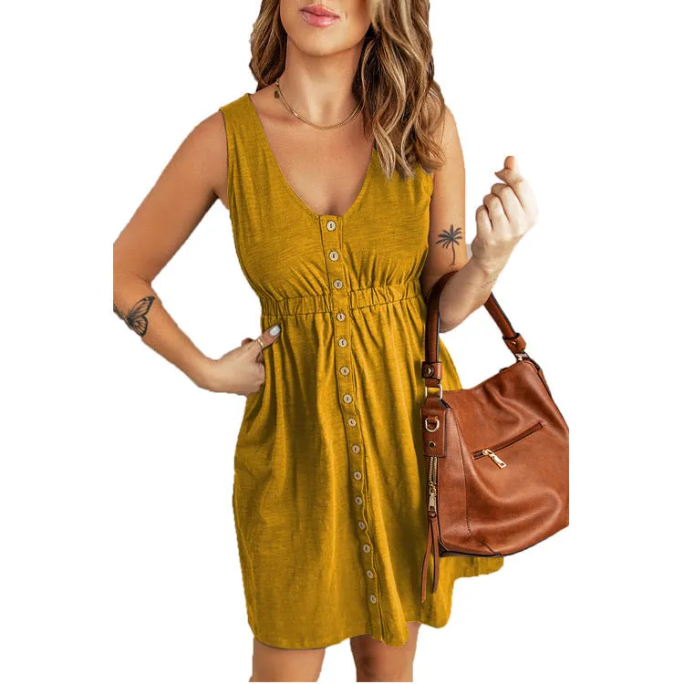 Women's Casual V Neck Sleeveless Button Down  Summer Elastic Waist A-Line Swing Tank Dresses