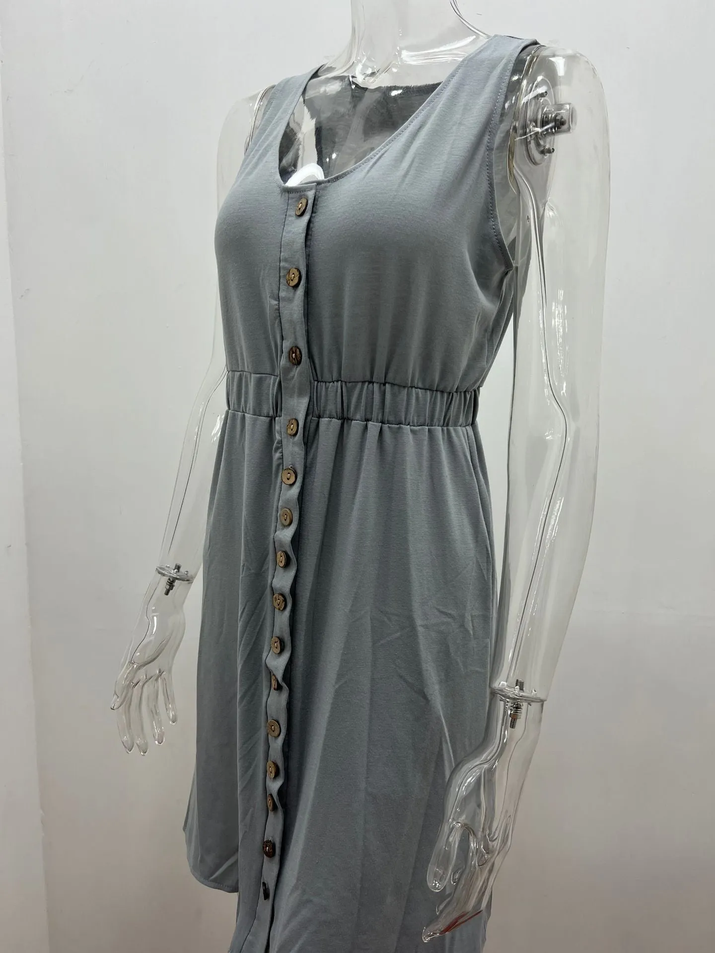 Women's Casual V Neck Sleeveless Button Down  Summer Elastic Waist A-Line Swing Tank Dresses
