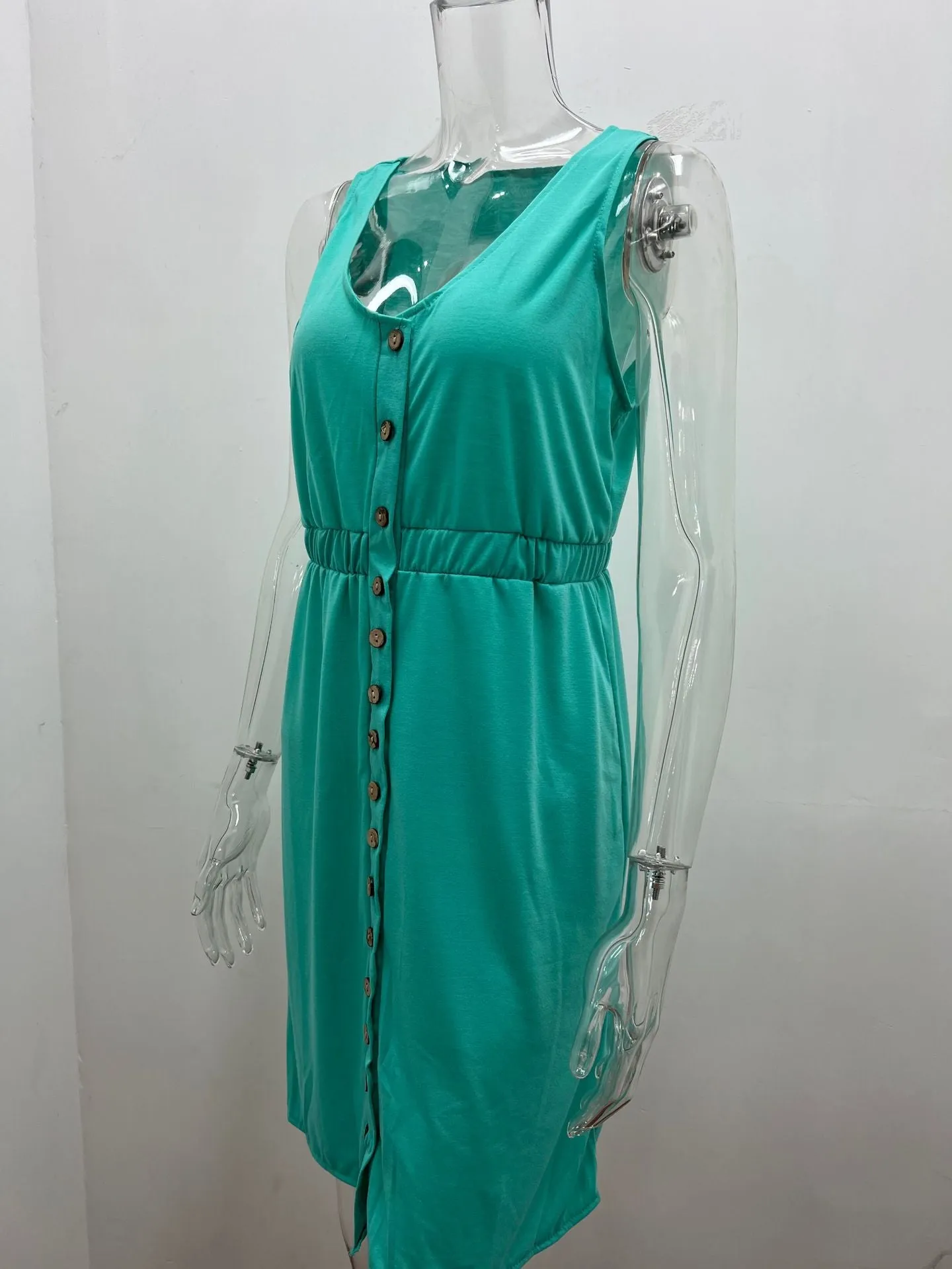 Women's Casual V Neck Sleeveless Button Down  Summer Elastic Waist A-Line Swing Tank Dresses