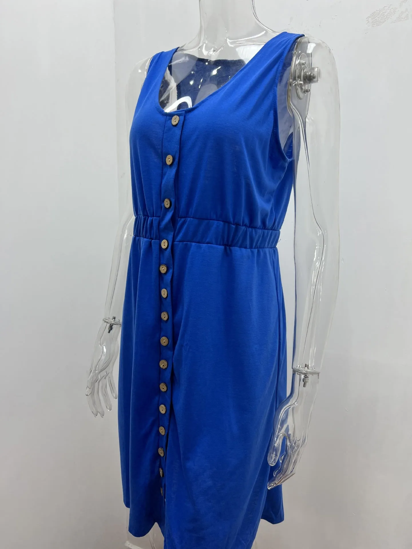 Women's Casual V Neck Sleeveless Button Down  Summer Elastic Waist A-Line Swing Tank Dresses