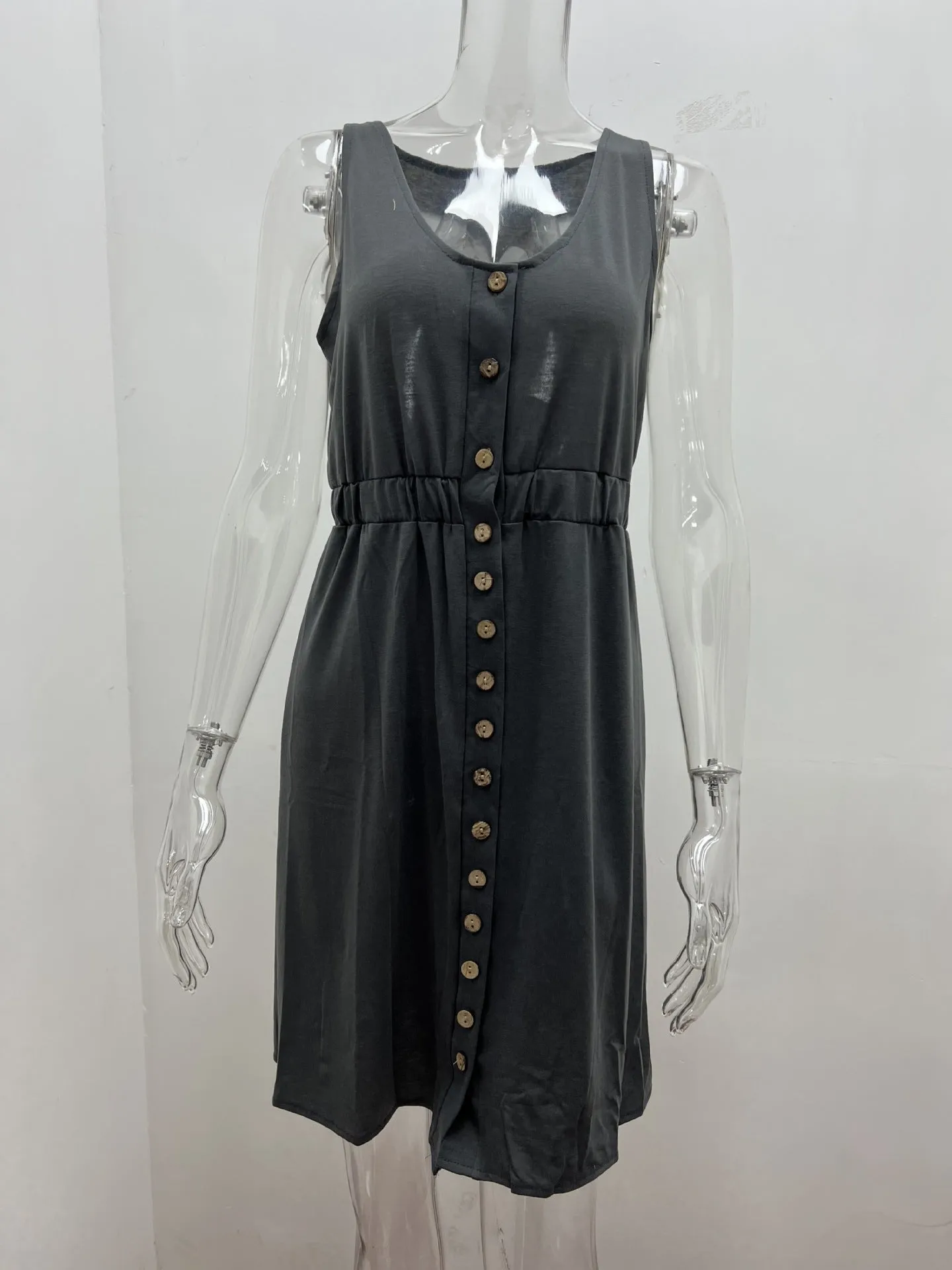Women's Casual V Neck Sleeveless Button Down  Summer Elastic Waist A-Line Swing Tank Dresses