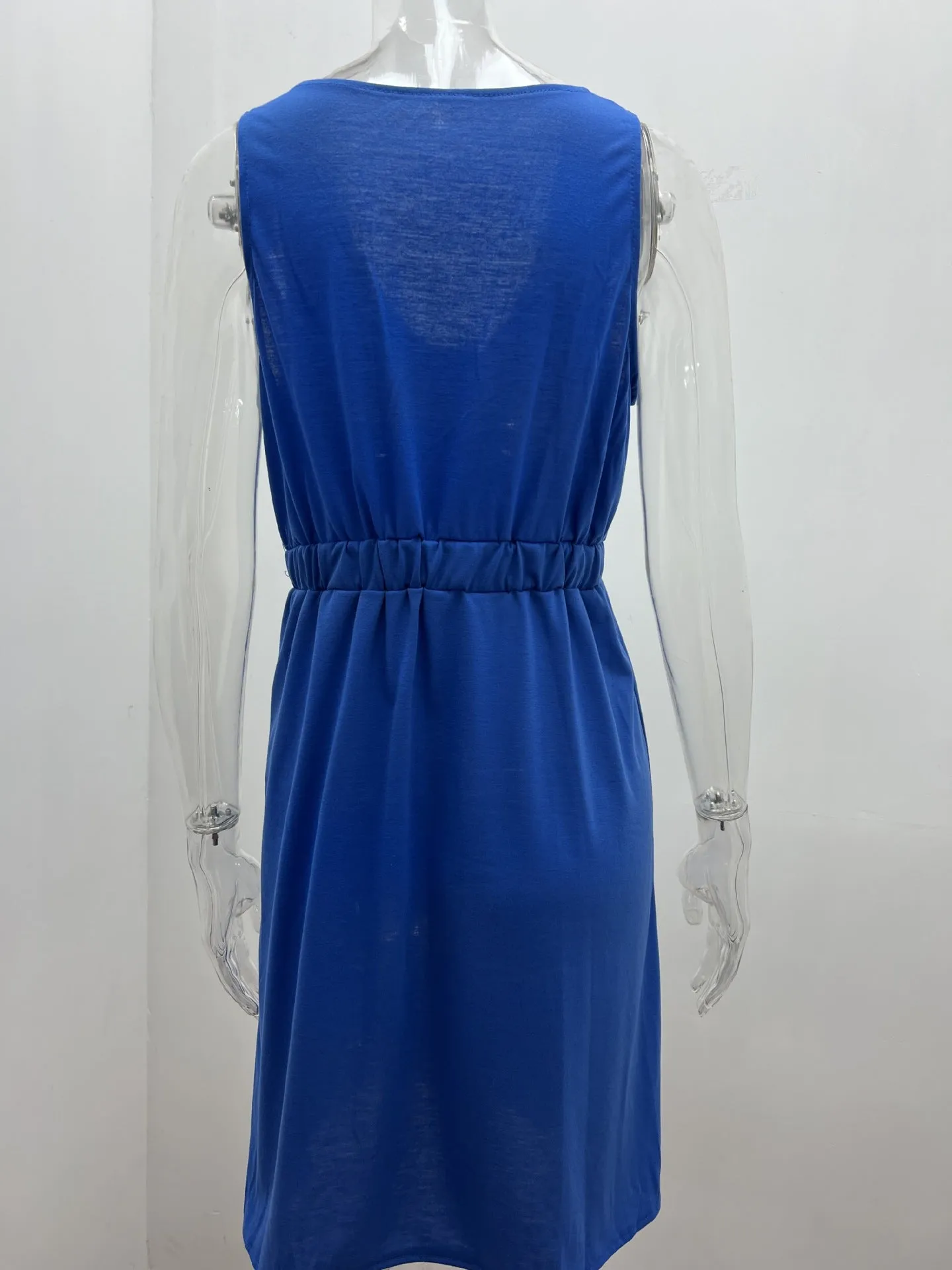 Women's Casual V Neck Sleeveless Button Down  Summer Elastic Waist A-Line Swing Tank Dresses