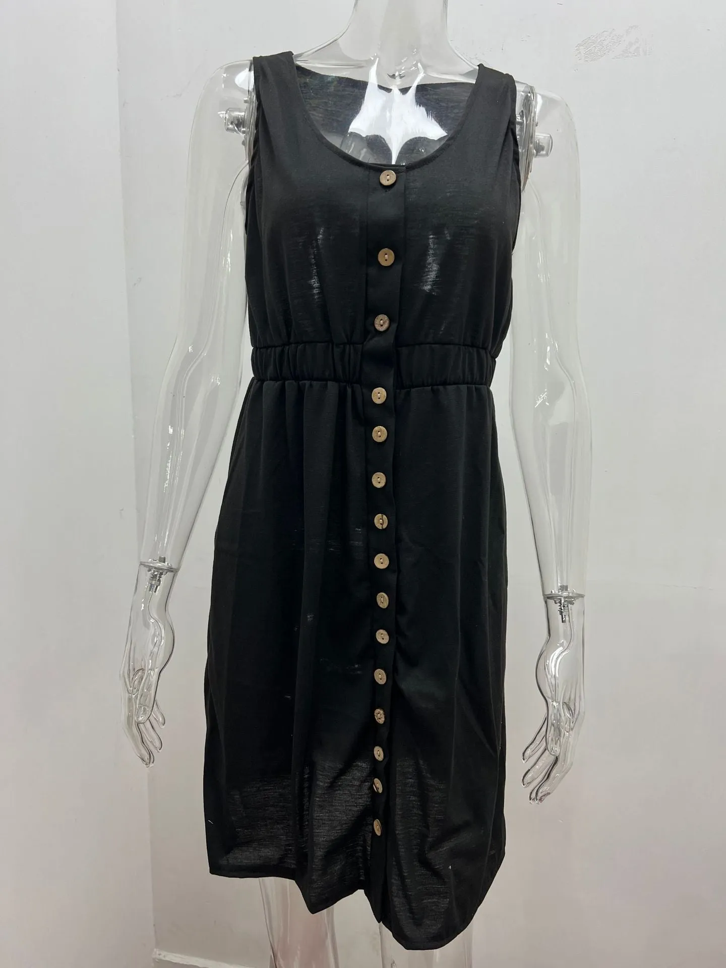 Women's Casual V Neck Sleeveless Button Down  Summer Elastic Waist A-Line Swing Tank Dresses