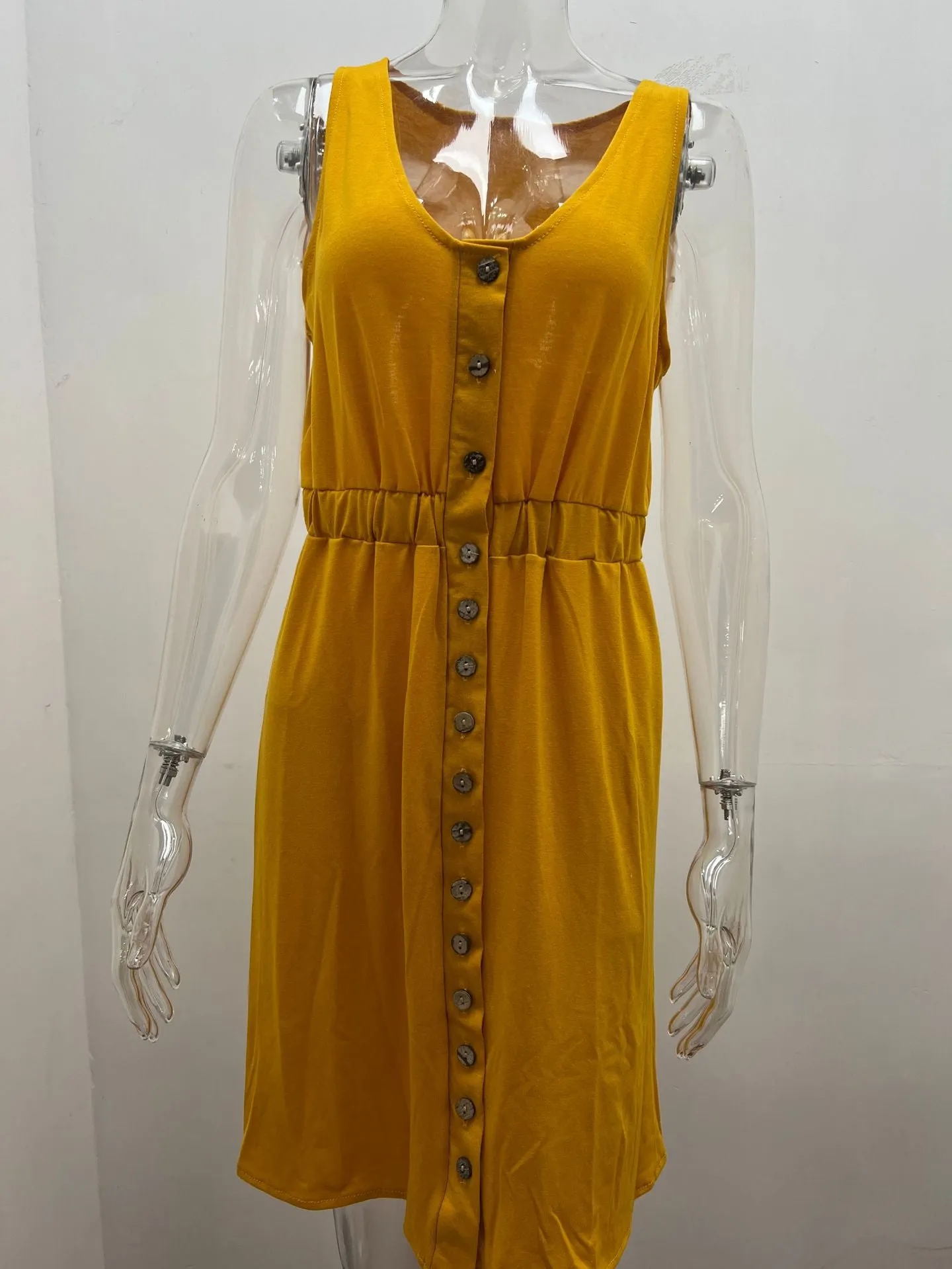Women's Casual V Neck Sleeveless Button Down  Summer Elastic Waist A-Line Swing Tank Dresses
