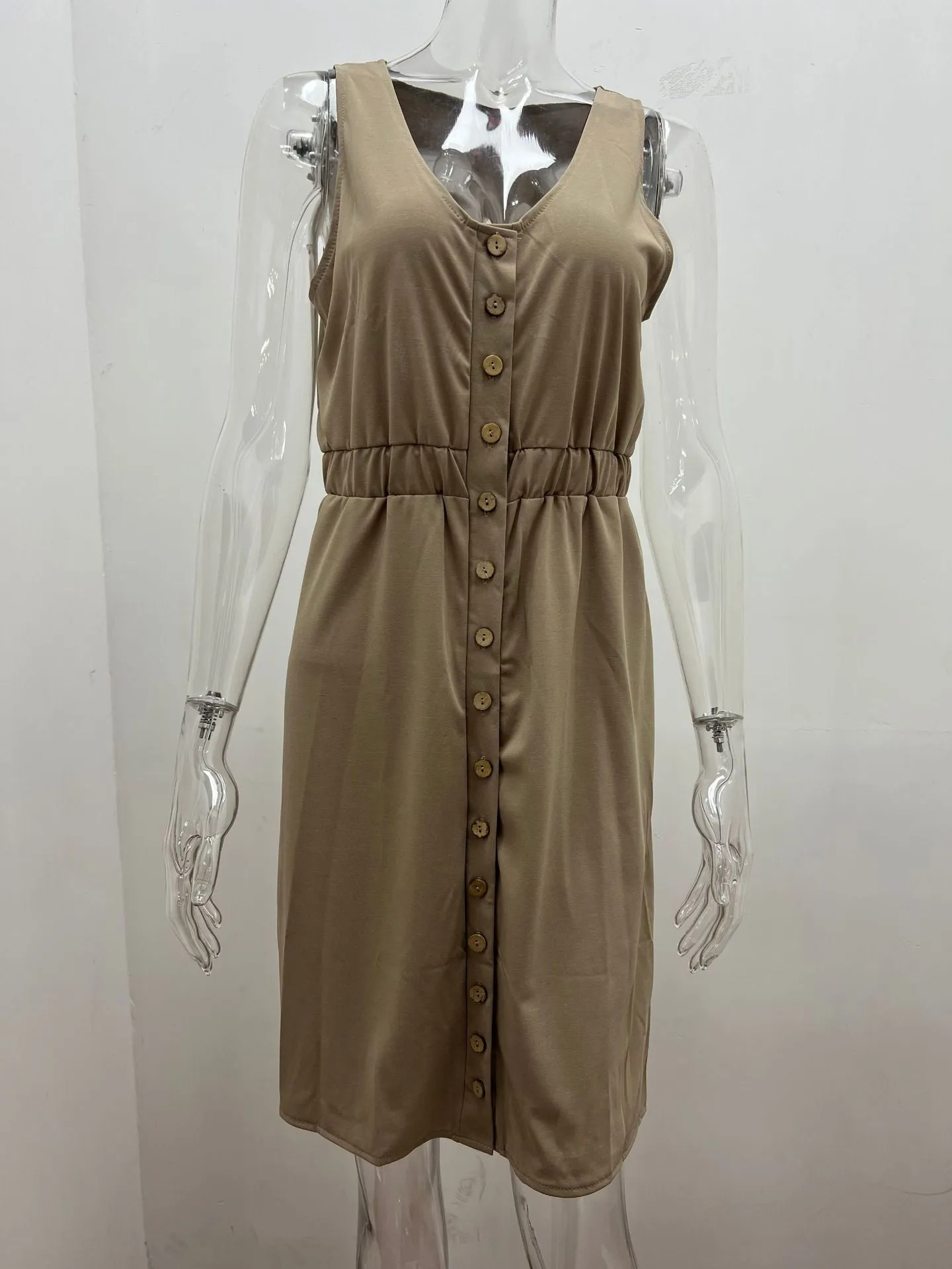 Women's Casual V Neck Sleeveless Button Down  Summer Elastic Waist A-Line Swing Tank Dresses
