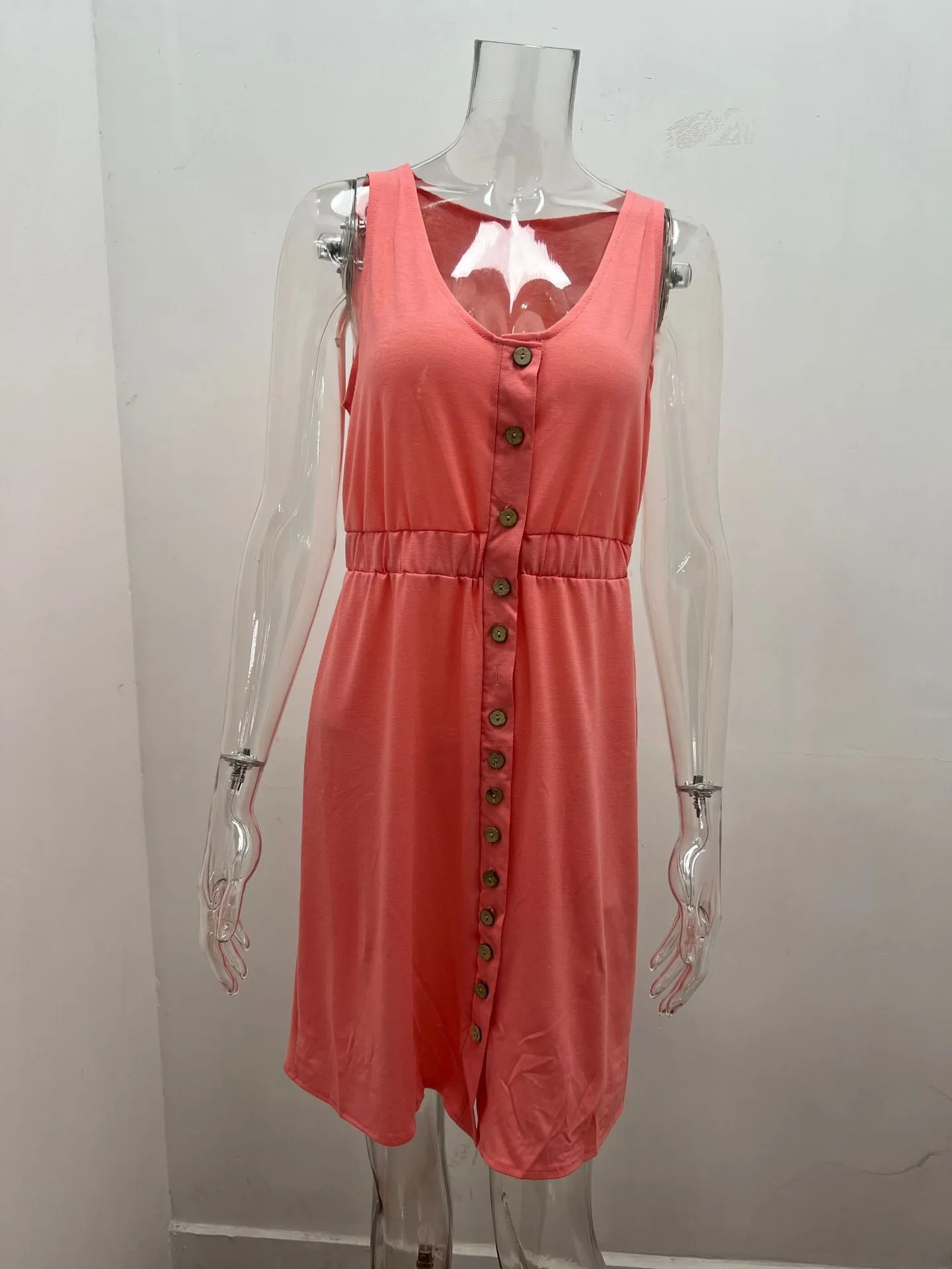 Women's Casual V Neck Sleeveless Button Down  Summer Elastic Waist A-Line Swing Tank Dresses
